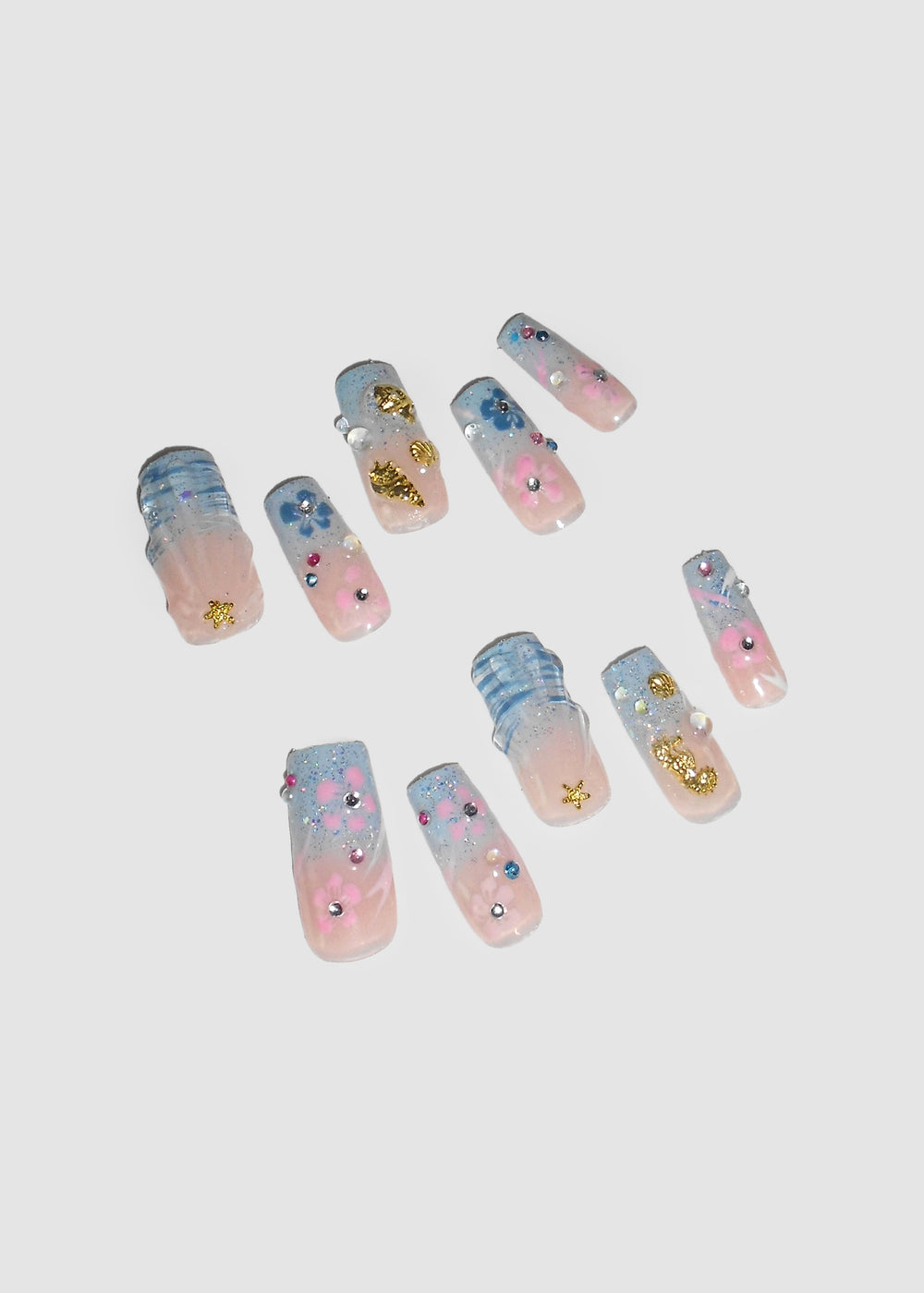 Blue Ocean Ombre Hibiscus Nails