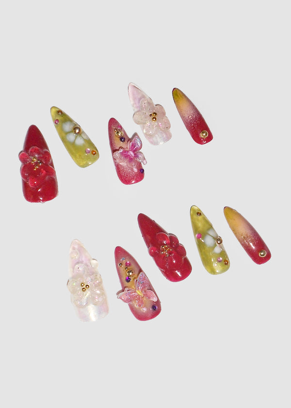 Cherry Red 3D Flower Nails