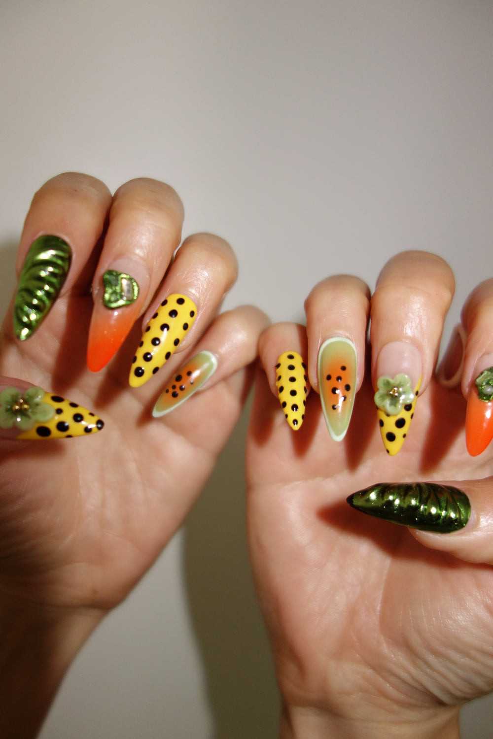 Papaya & Yellow Polka Dot Nails