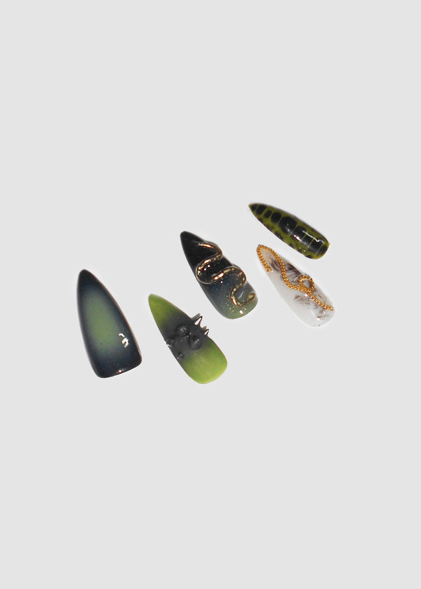 Green Matt & Gold Snake Nails