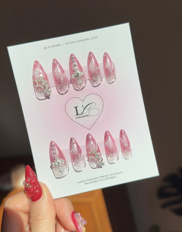 Clear Pink Chrome Ombre Star Nails