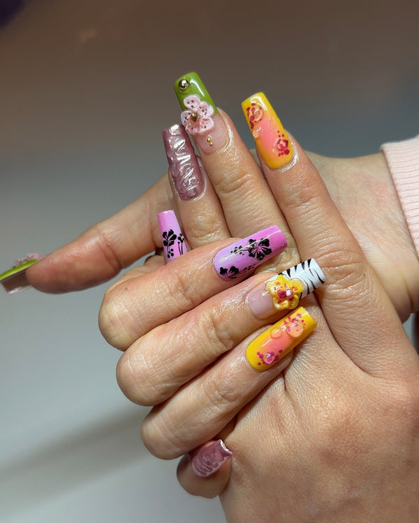 3D Yellow Orchid & Tiger Print Nails
