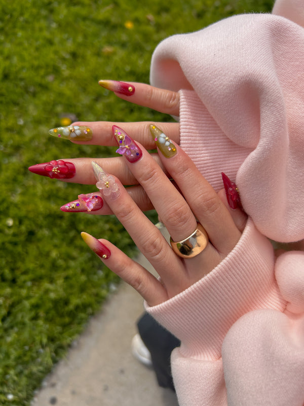 Cherry Red 3D Flower Nails