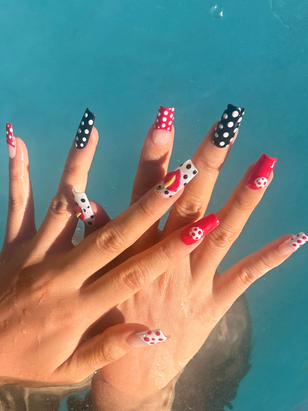 Red & Black Polka dot 3D Flower Nails