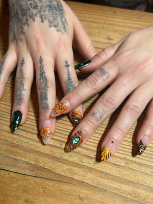 Orange Tiger Stripe & Teal Nails