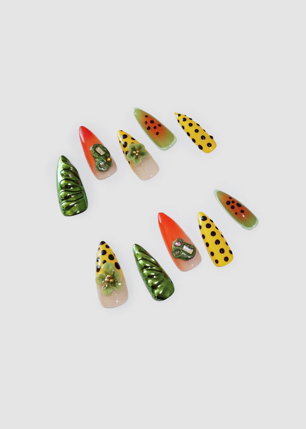 Papaya & Yellow Polka Dot Nails