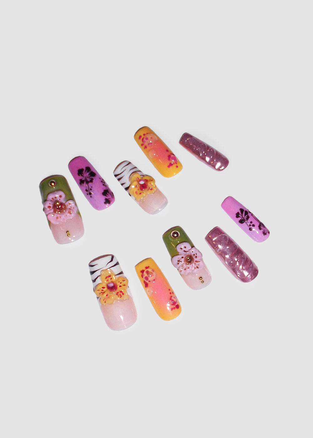 3D Yellow Orchid & Tiger Print Nails