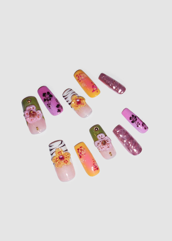 3D Yellow Orchid & Tiger Print Nails