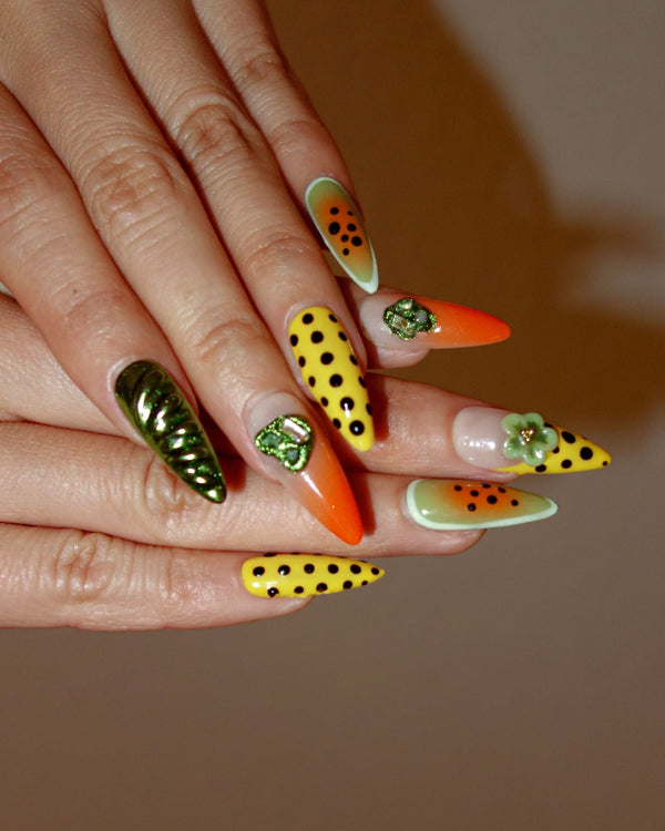 Papaya & Yellow Polka Dot Nails