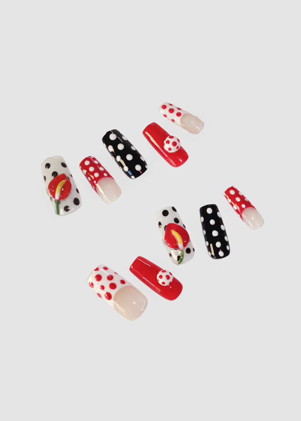 Red & Black Polka dot 3D Flower Nails