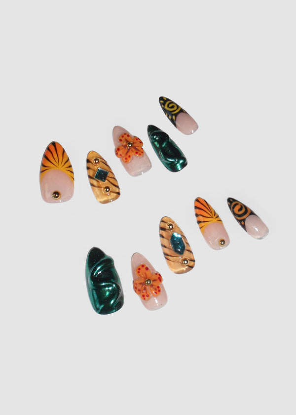 Orange Tiger Stripe & Teal Nails