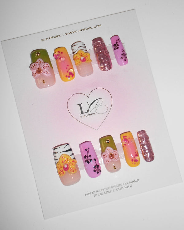 3D Yellow Orchid & Tiger Print Nails