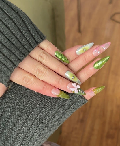 Green & Pink Bow Nails