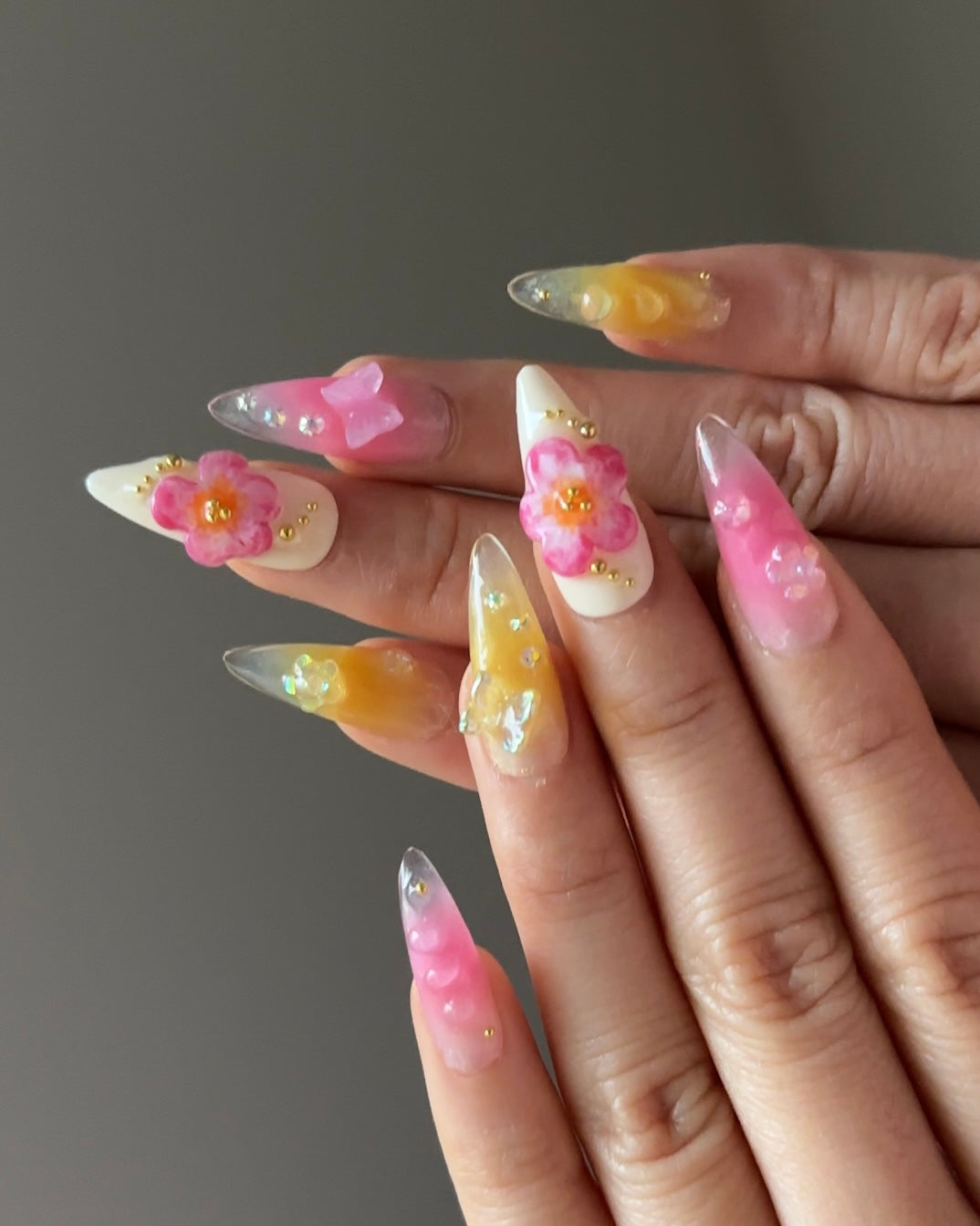 Pink & yellow 3D flower nails