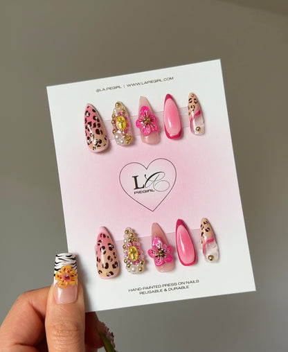 Pink Leopard & 3D Pink Flower Nails