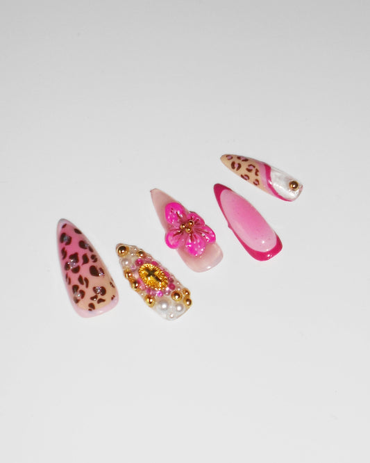 Pink Leopard & 3D Pink Flower Nails