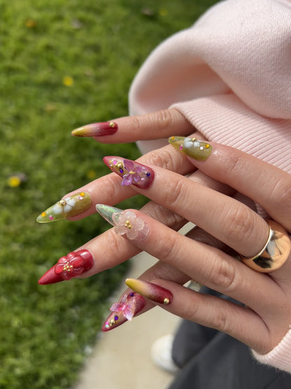 Cherry red 3d flowers and clear green nails