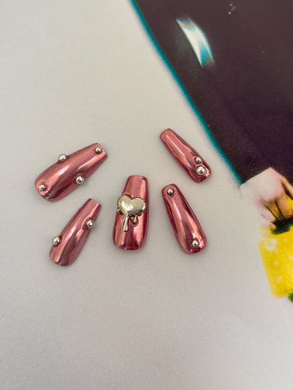 Pink Chrome Heart Nails