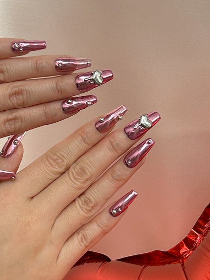 Pink Chrome Heart Nails